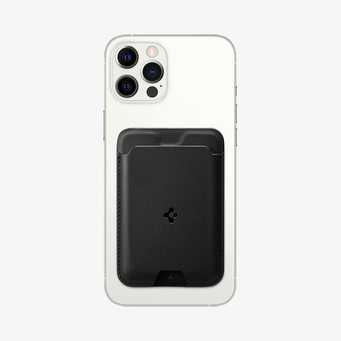 AMP02284 - MagSafe Card Holder Valentinus (MagFit) in black showing the card holder attached to back of device